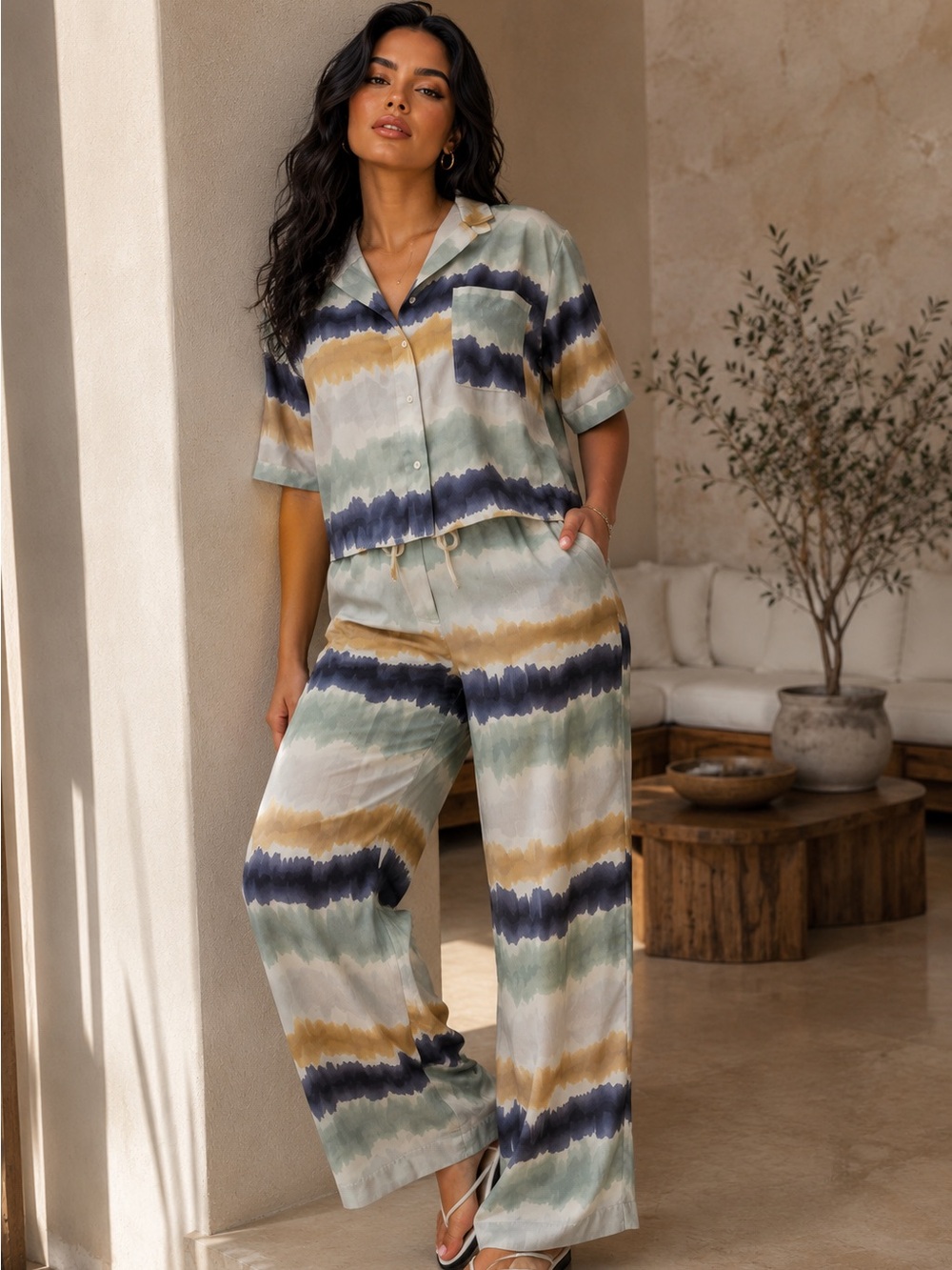 Women's Relaxed Tie-Dye Wide-Leg Pants in Sage & Navy